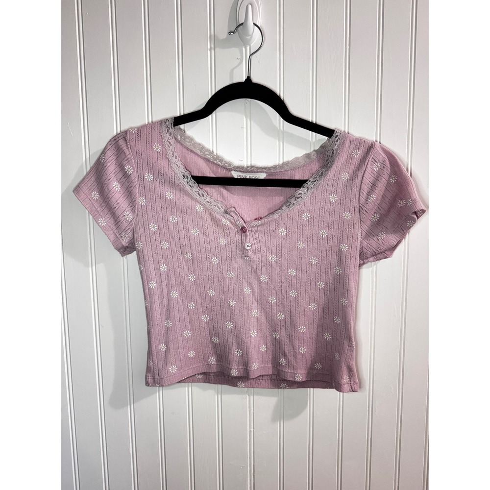 Pink Rose Womens Small Mauve Floral Daisy Lace Trim Henley Ribbed Crop Top Tee